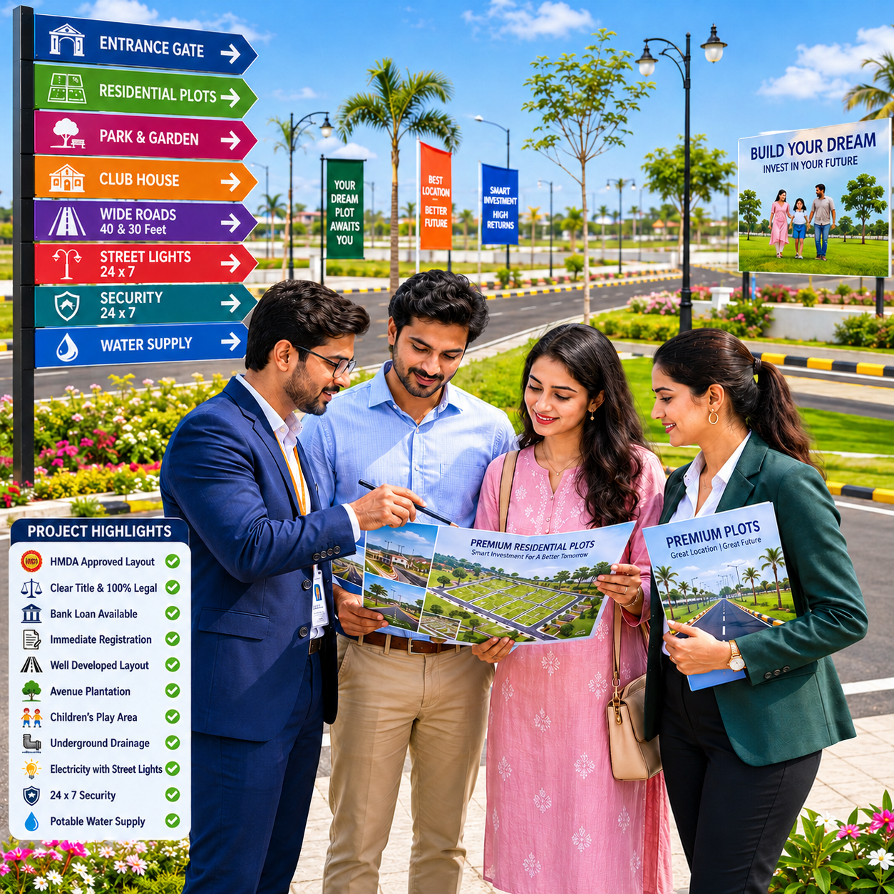 HMDA approved open plots with wide roads and modern amenities.